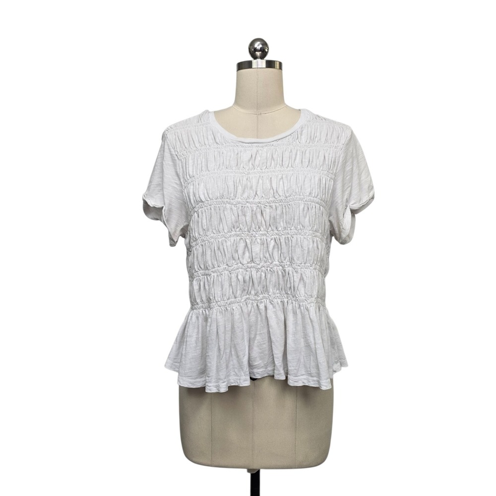 Pilcro Anthropologie White Smocked Peplum Short Sleeve Top Size XL